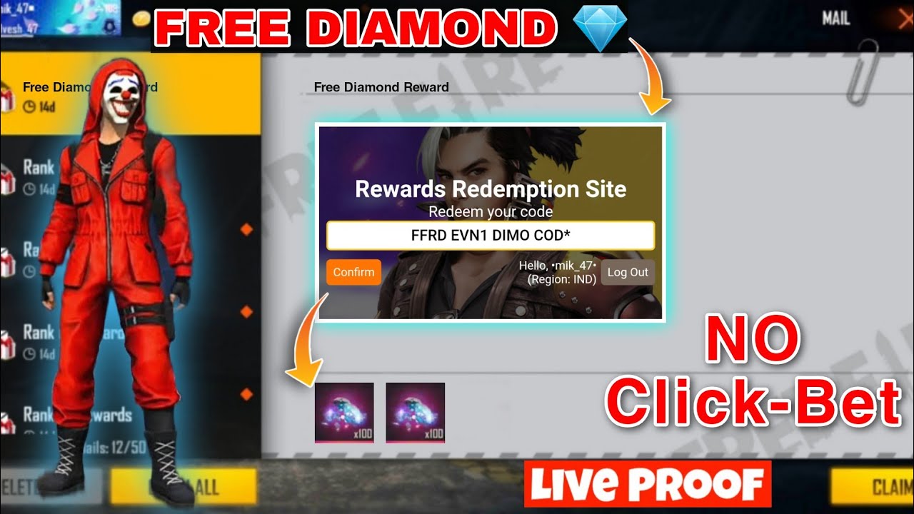 Free Diamond Redeem Code Today | 1 April - 30 April 2022 Redeem Code | No Click Bet