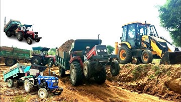 JCB and Tractor Working Loading Mud Together Trolley Massey and Eicher Tractors । JCB Tractor Video