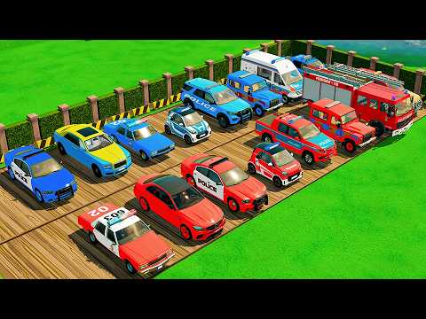 TRANSPORTING CARS, AMBULANCE, POLICE CARS, FIRE TRUCK OF COLORS! WITH TRUCKS! - FS 22