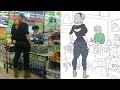 Tall lady shopping but its animated