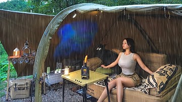HEAVY RAIN CAMPING IN 7M TUNNEL TENT ☔️  RAIN SOUNDS . CAMPING IN THE RAIN .