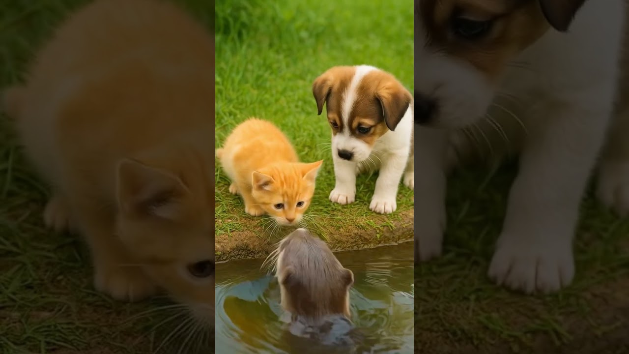 🐾 Kitten and Puppy Visit the River to Meet Their Otter Friend🦦💛