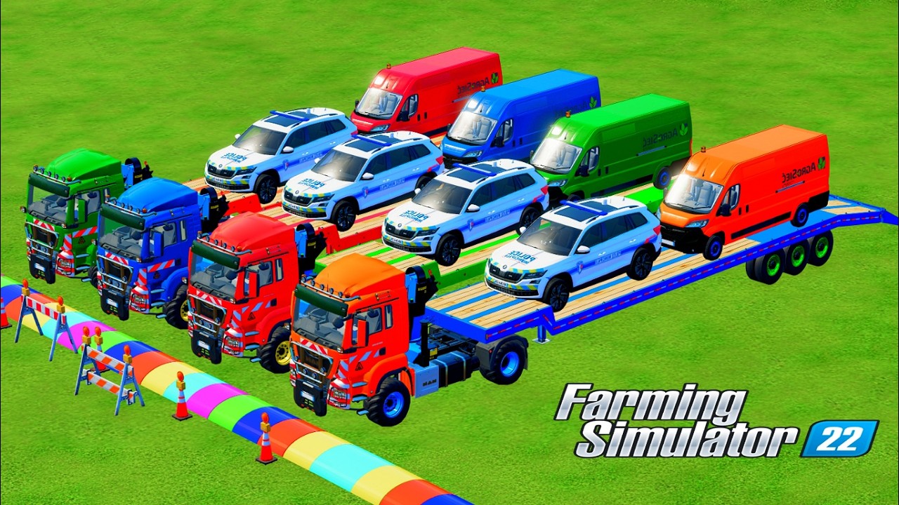 TRANSPORTING CONTRUCTION POLICE CARS, MIXER TRUCK , AMBULANCE VEHICLES - Crash Test ! - FS22