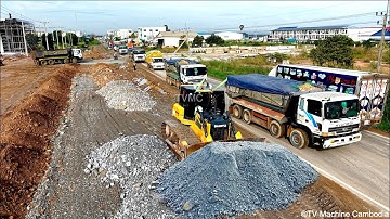 Incredible Nicely Large Pond Landfill Using Dump Truck Unloading & SHANTUI DH17C3 Dozer Push Stone
