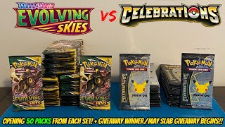 50 PACKS of EVOLVING SKIES vs 50 PACKS of CELEBRATIONS Pokemon Card Opening Battle!! + GIVEAWAYS!!