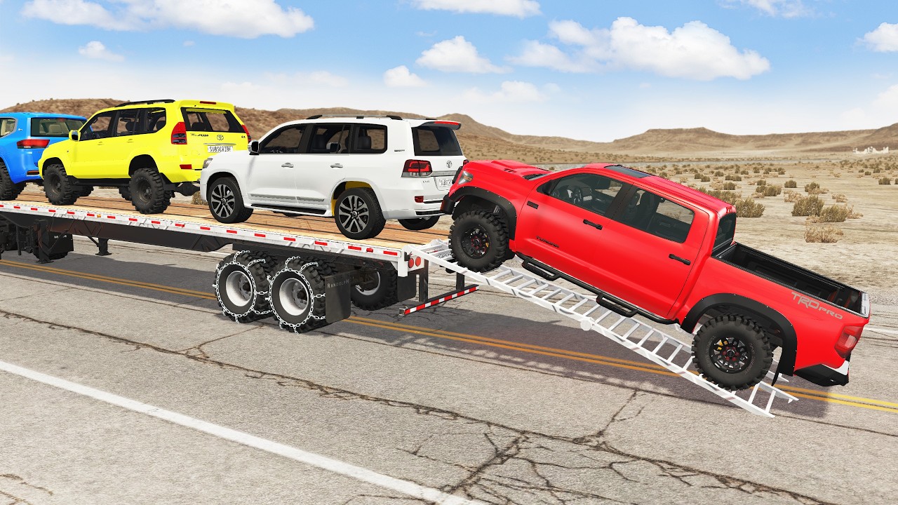 Toyota, Mercedes, трактор и грузовик с платформой против поезда – BeamNG.drive 467