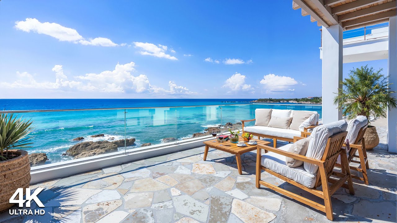 Morning Balcony Ambience by the Beach 🌊 Positive Bossa Nova Jazz & Crashing Waves to Start the day