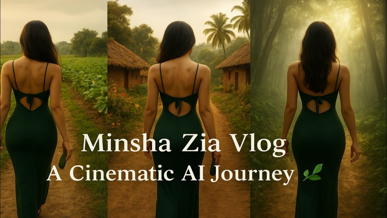 Beautiful Girl Walking Through Green Fields to Waterfall | Cinematic Village Walk