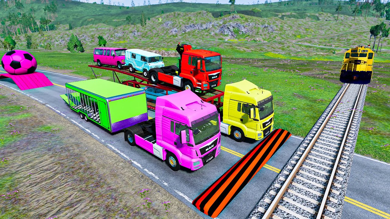 Double Flatbed Trailer Truck vs Speedbumps | Train vs Car | Tractor vs Train | BeamNG.Drive #1449