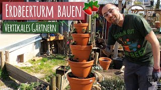 Erdbeerturm selber bauen  DIY Bauanleitung Pflanzturm Erdbeeren Kräuterturm aus Tontöpfen bauen