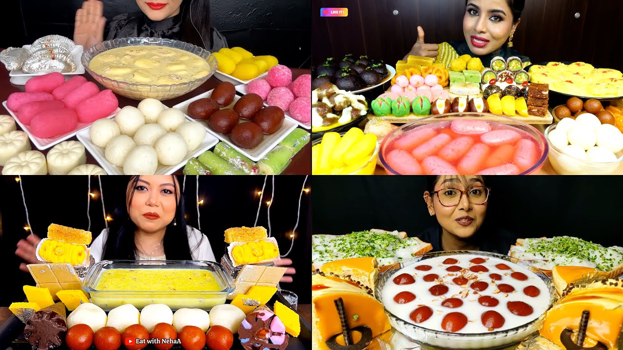 Asmr:Eating Different Types Of Indian Sweets,Rasgulla,Rasmalai,Kheer,Gulab Jamun,Laddu,Raj Bhog🔥