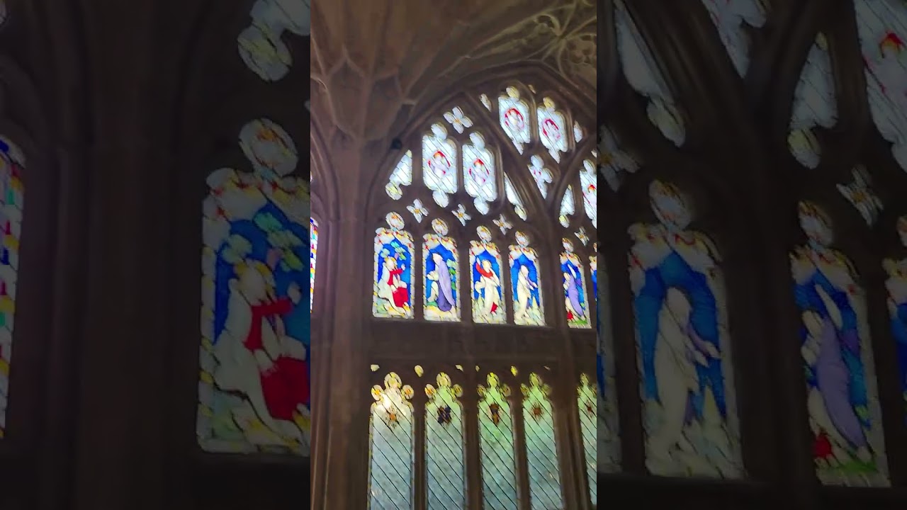 Gloucester Cathedral stained glass windows in cloisters