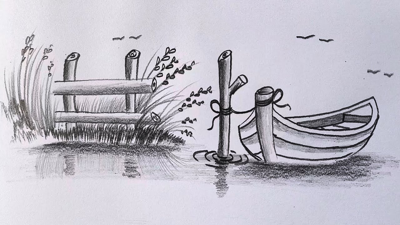Easy Landscape Scenery Drawing | Shading Drawing | How To Draw Boat in ...