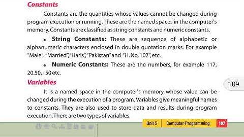 Constants : String constants , Numeric constants , Class 8 Computer Unit 5 : Computer Programming
