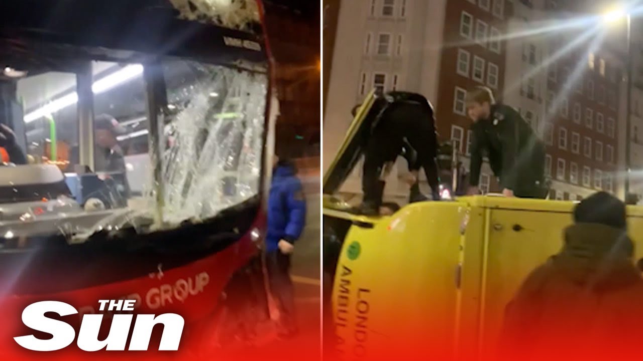 Ambulance FLIPS OVER after crash with London double decker bus - YouTube