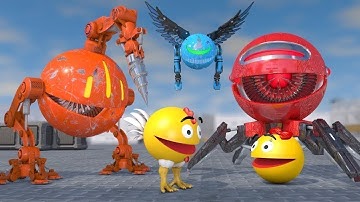 Pacman & Ms. Pacman vs. Drill Robot & Quadruped Security Robot Monsters | Fireknight99