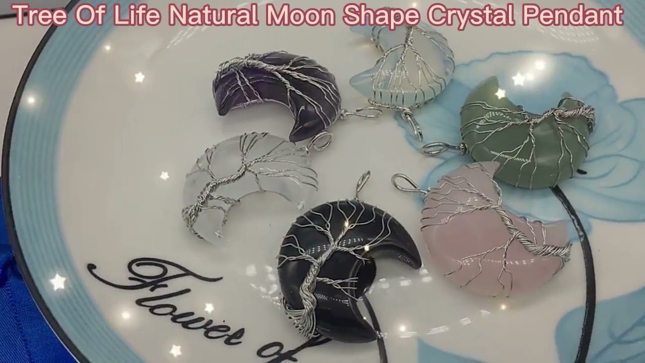 Natural Moon Shape Crystal Pendant Tree of Life Reiki Polished Mineral Jewelry Healing Stone Jewelry