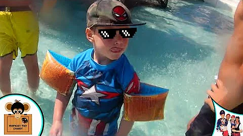 BRODY HIT BY A BUCKET SPLASH AT THE WATER PARK - With Monkey Toy Chest