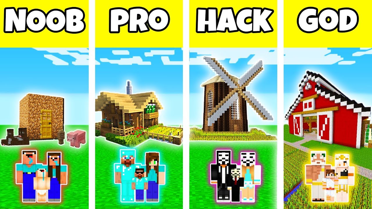 Minecraft: FAMILY FARM BUILD CHALLENGE - NOOB vs PRO vs HACKER vs GOD in Minecraft
