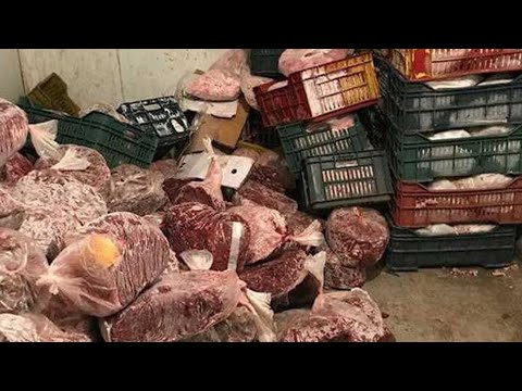 كارثه صحيه لحظه ضبط ٢ طن لحوم فاسده داخل مخزن تابع لمحل بيتزا الامير بمنطقه ارض الجمعيه بأمبابه