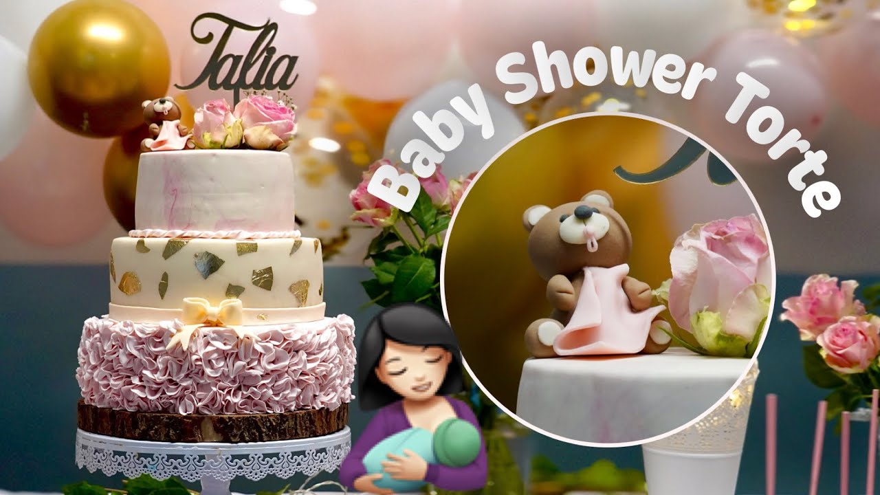 Baby Shower Torte 🎉 Dreistöckige Fondanttorte - Babytorte für Mädchen / Fondant-Rüschen
