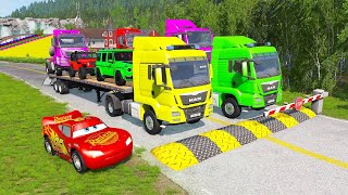 TRANSPORTING PIXAR CARS & FRUITS WITH COLORED & JOHN DEERE VS CLAAS VS TRACTORS  BeamNG.drive#975