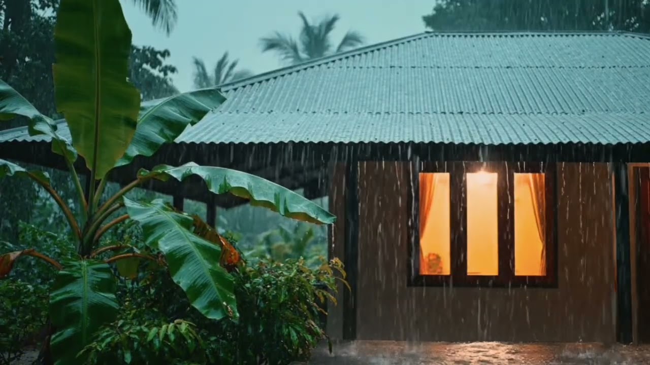 Heavy Rain on Tin Roof for Deep Focus | Cozy Tropical House