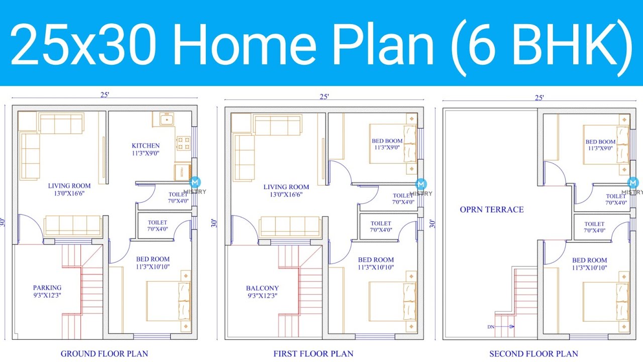 25x30 home plan | 6 BHK | 750 Sq.ft. |