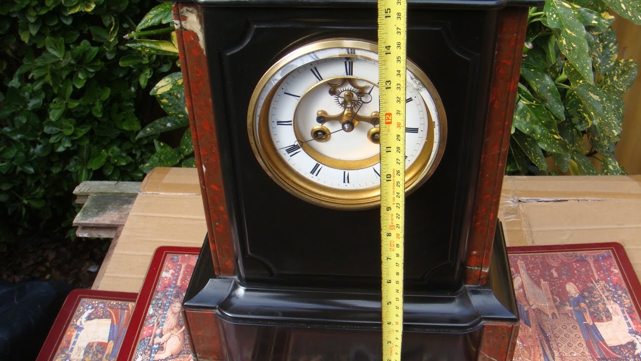 French Vintage Old Antique Slate Mantel  Mantle  Clock  & Key Pendulum See Video
