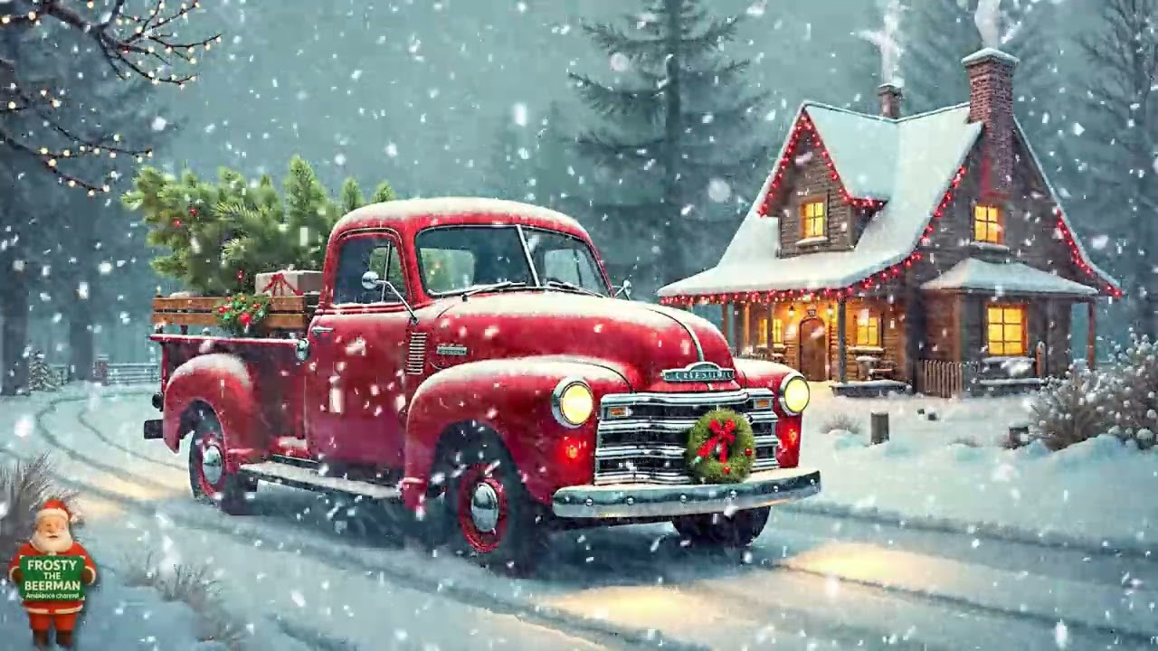 Christmas Ambience  Red Xmas Pickup Truck Snow Storm Ambience 24