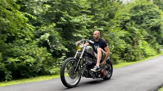 Shovelhead chopper kickstart shakedown run. Jockey shift test. Basement built.