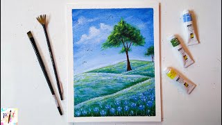 Nemophila Flower Field Acrylic Landscape Painting Step by Step | #paintingchallenge1 | Paint It