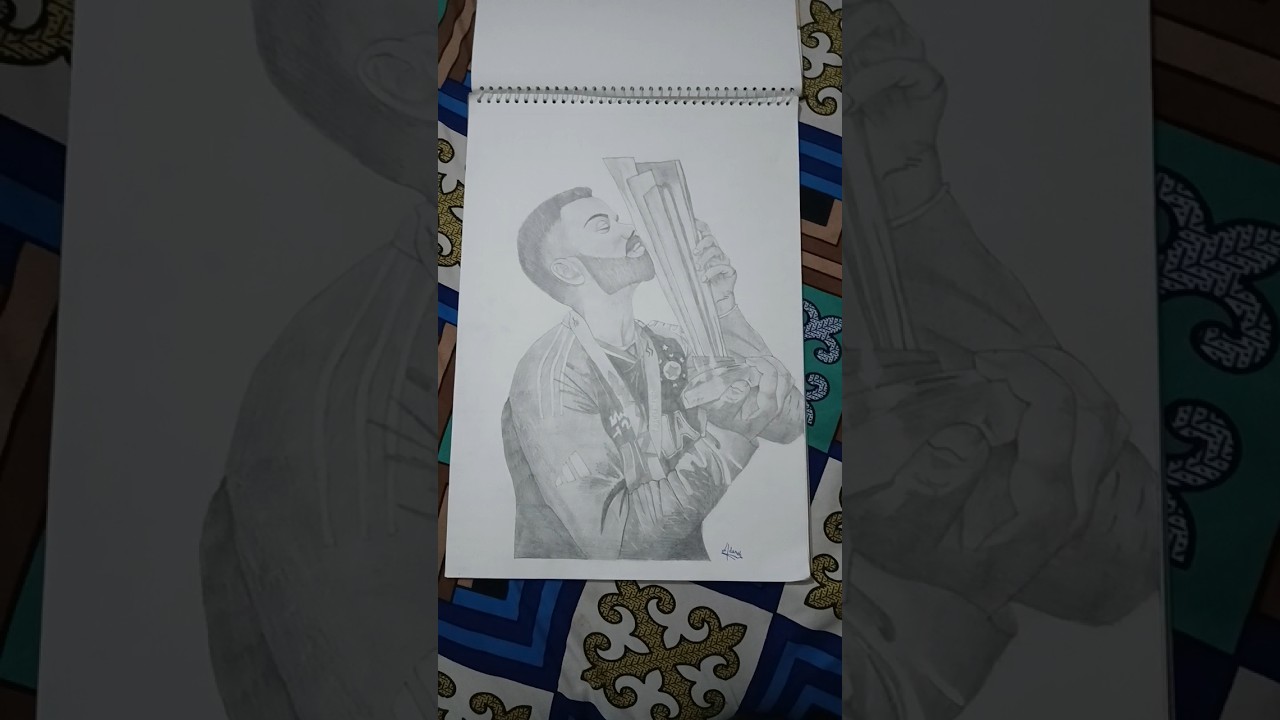 drawing of Virat Kohli with T20 World Cup trophy