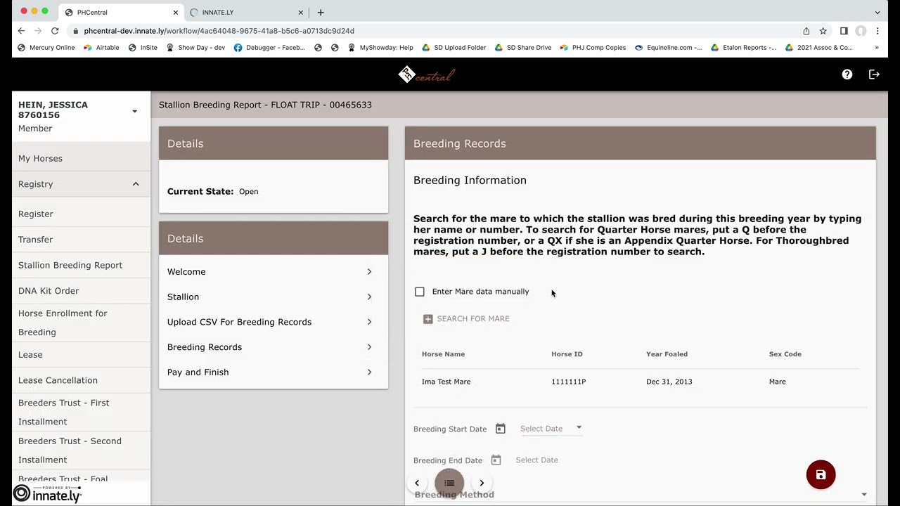 Online Stallion Breeding Report at PHCentral.com