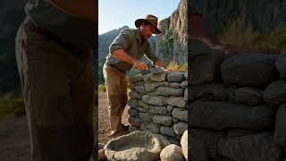 76  Building a Stone Shelter Under Tall Cliff Walls