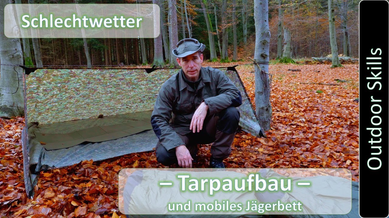 Tarpaufbau für Schlechtwetter und mobiles Jägerbett