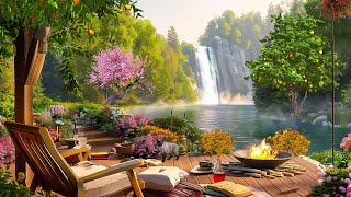 Focus Work in Tranquility: Spring Porch in Peaceful Waterfall Ambience with Beautiful Piano Melodies