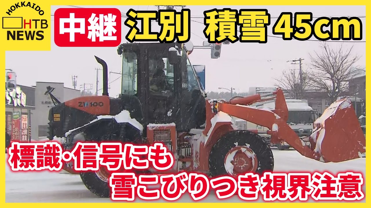最新雪情報】江別市で45cm 強い風と雪降り続く 標識・信号にも雪