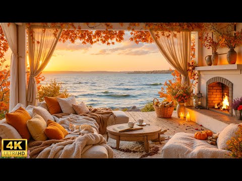 Fall By The Seaside At Sunset Gentle Piano With Cozy Fireplace Ocean Sounds For Relaxation
