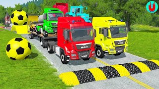 TRANSPORTING PIXAR CARS & FRUITS WITH COLORED & JOHN DEERE vs CLAAS vs TRACTORS - BeamNG.drive