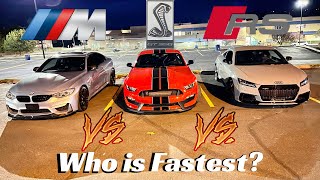 AUDI TTRS & BMW M4 CHALLENGE TWIN TURBO FORD SHELBY GT350!!