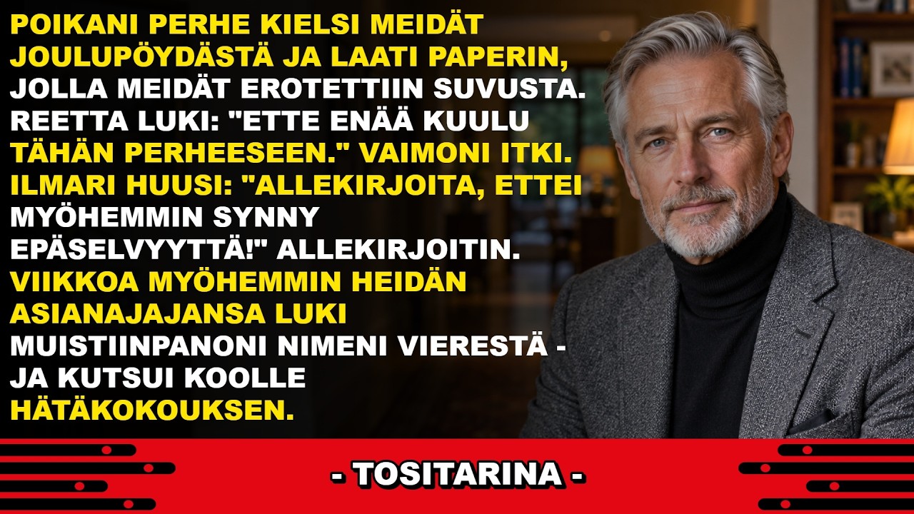 Seisoin tiskin takana ja nostin juuri valmiin seppeleen näyteikkunaan, kun puhelin soi. Soittaja oli Rantalinnasta. Hän kysyi, miksi nimeäni ei ollut jouluaaton vieraslistalla. Sanoin, että...