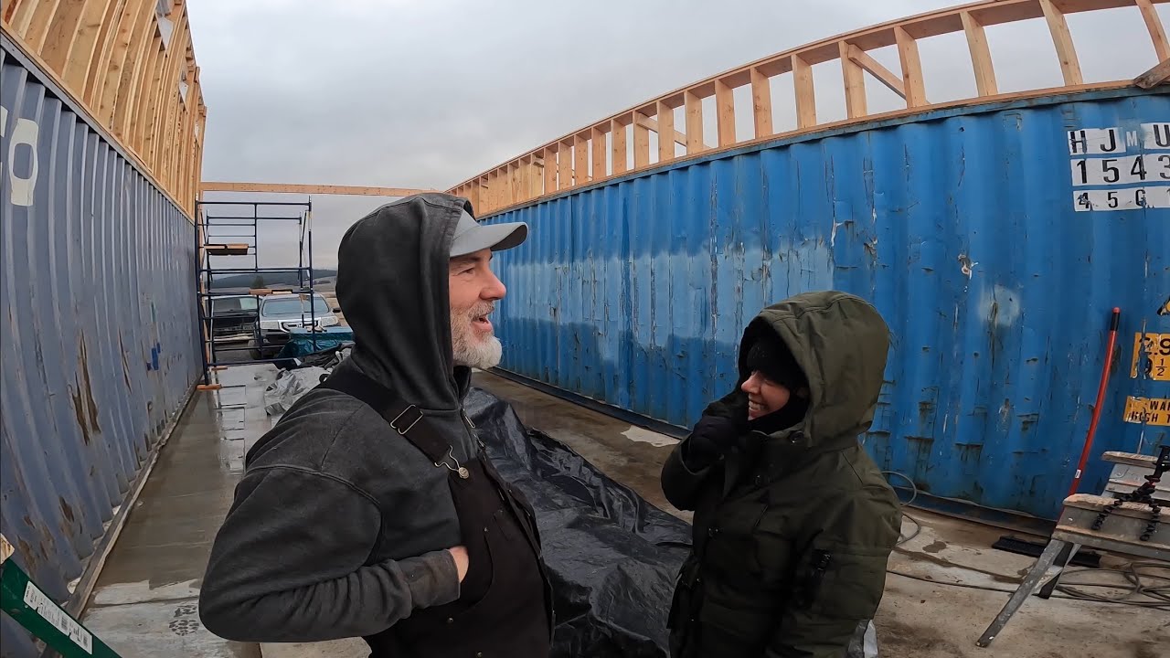 Starting the main rafters on our shipping container barn - YouTube