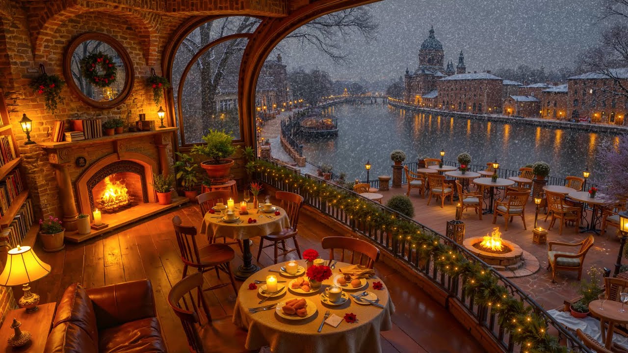 ❄️ Cozy Winter Café by the River ☕ Fireplace Glow, Snowy European Night & Relaxing Jazz Ambience
