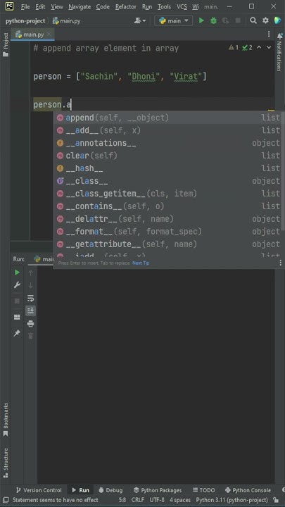 how to add elements in array in python using PyCharm | python list ...