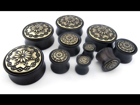 body piercing valparaiso Ebony Wood Plugs With Brass Tribal Blossom Inlay 2G - 1 Inch