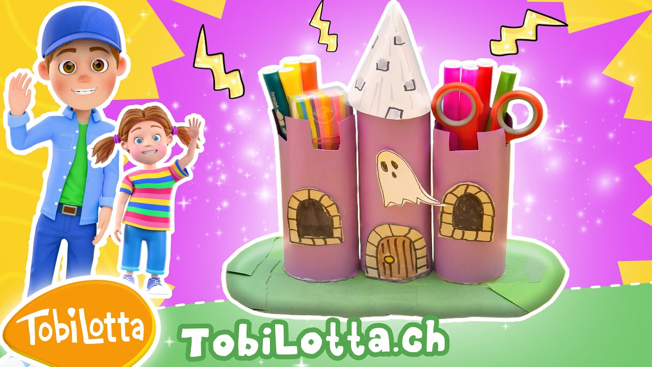 SCHLOSS BASTELN PAPROLLEN DIY Stiftehalter Schreibtisch Halloween Deko Idee Schloss basteln Kinder