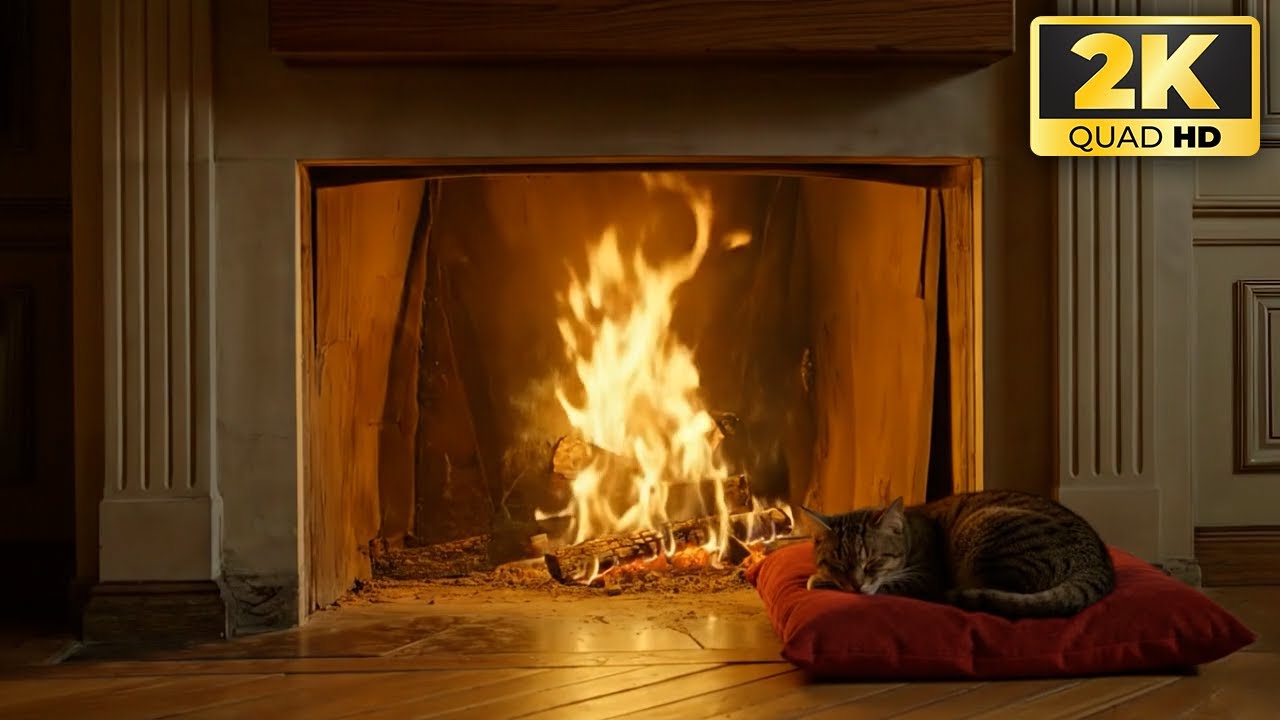 🔥Cozy Fireplace and 🐈Sleeping Cat 1 Hour Relaxation | 2K QUAD HD
