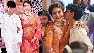 Kajol With Son Yug Devgan Takes Blessings At Durga Puja 2024