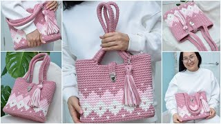 Tote bag Diamond made of Tshirt yarn Crochet Medium level of difficulty